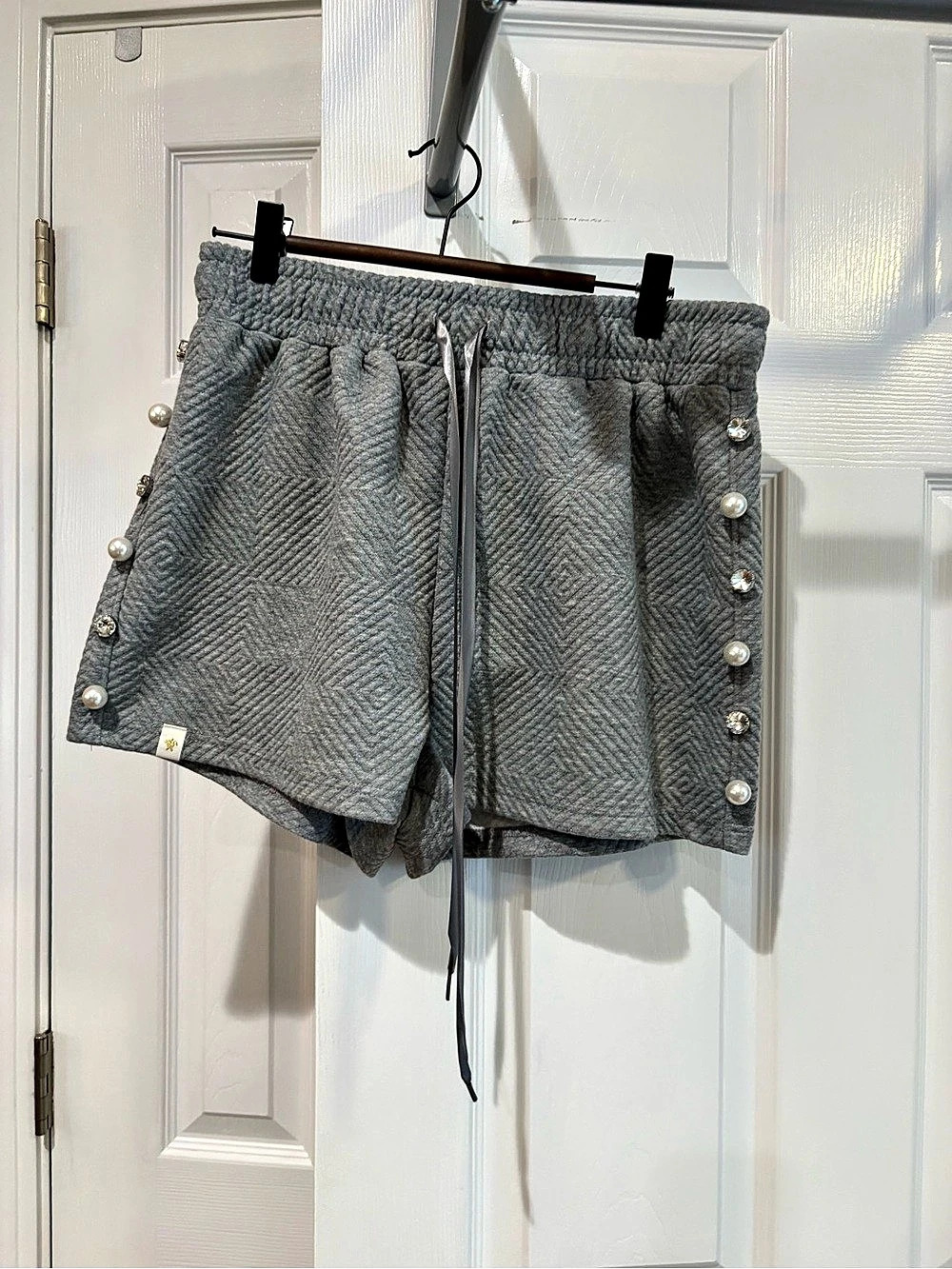 Simply Southern Quilted Pearl & Rhinestone Shorts Gray Medium